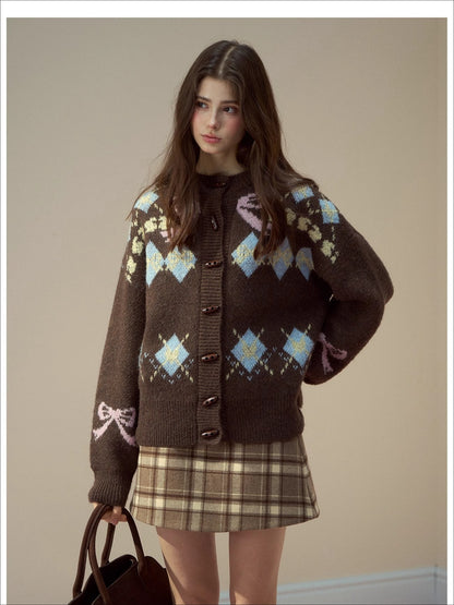 Bow-Knot Fair Isle Toggle Knit Cardigan