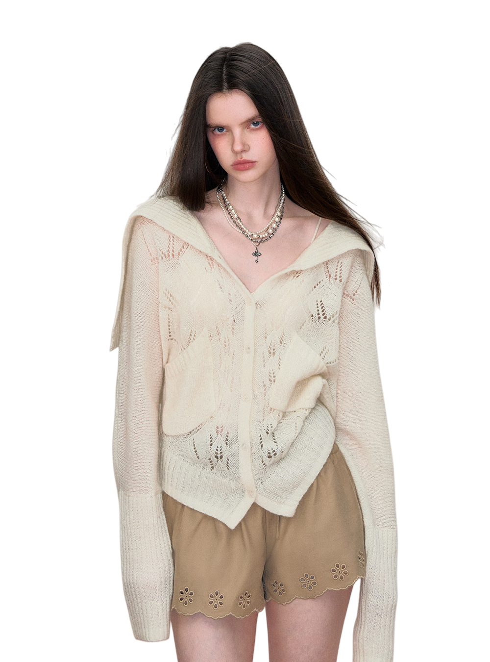 Cut-Out Collared Relaxed Wool Knit Cardigan