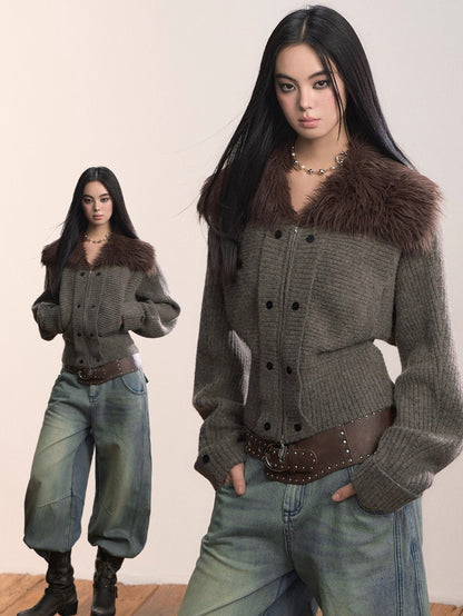 Faux Fur Collar Knit Jacket