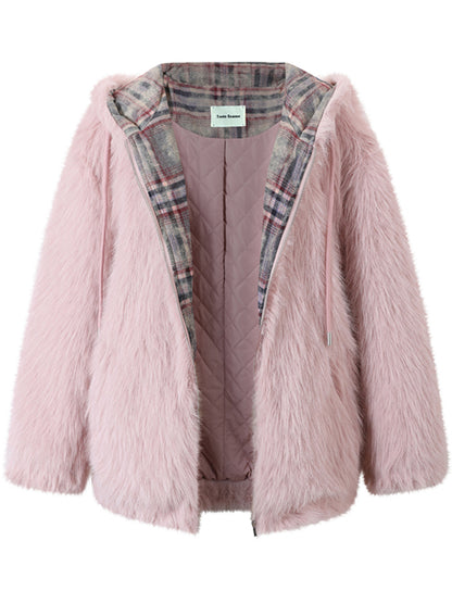 Plaid Spliced Eco-friendly Faux Fur Coat