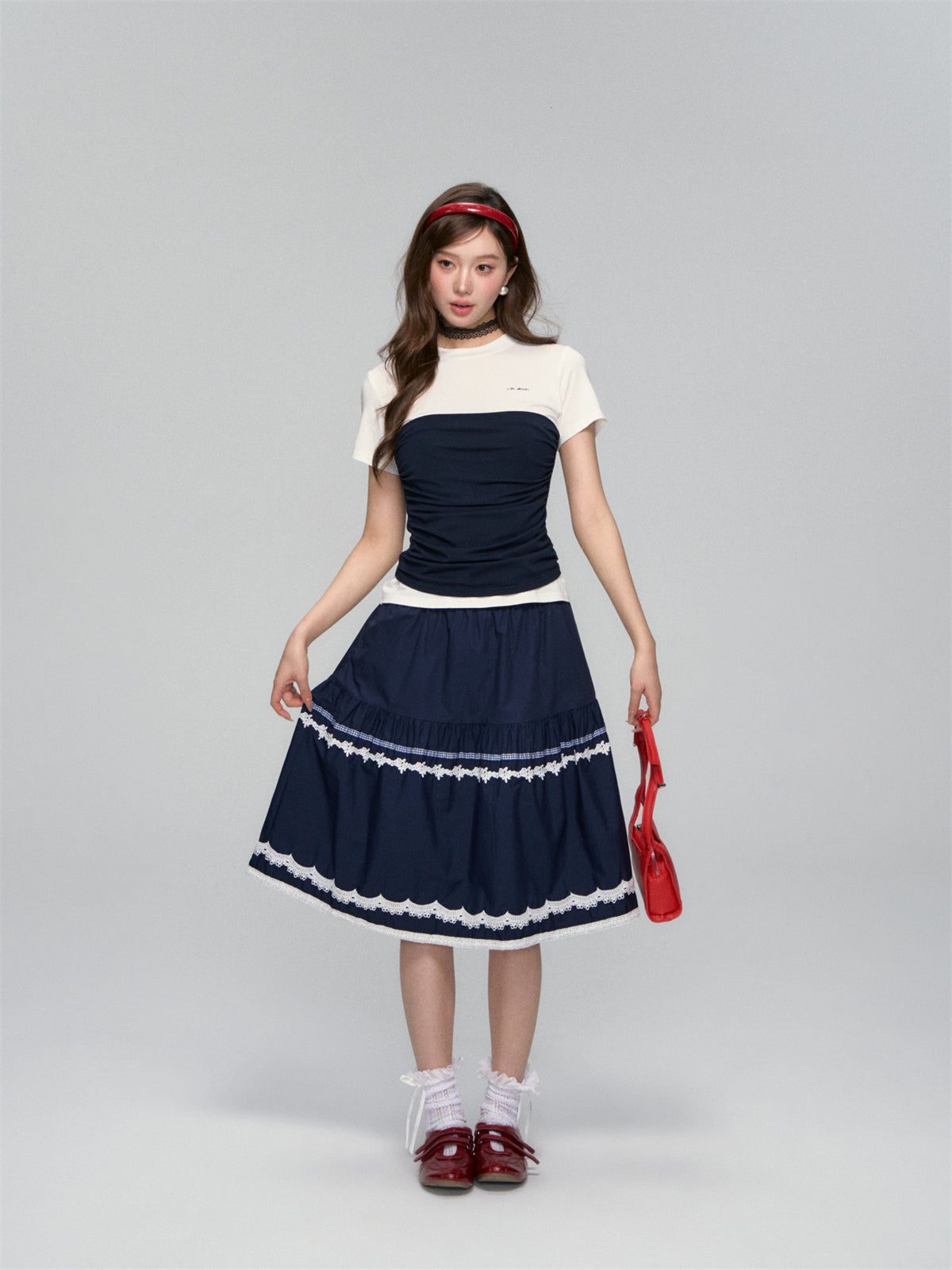 Lace-Trim A-line Midi Skirt