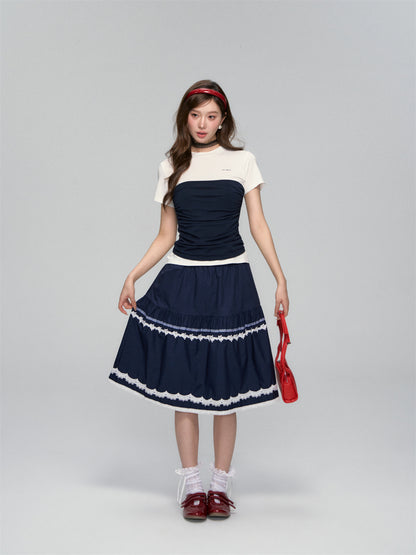 Lace-Trim A-line Midi Skirt