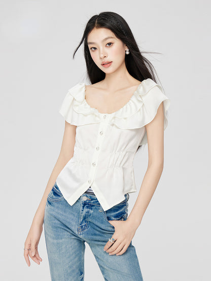 White Ruffled Square Shoulder Shirt - CHINASQUAD