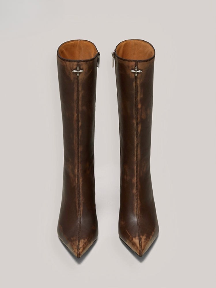 Compass Badge Sword Leather High Heel Boots Patina Wild Horse Brown Patina - CHINASQUAD
