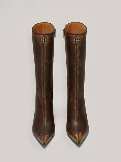 Compass Badge Sword Leather High Heel Boots Patina Wild Horse Brown Patina - CHINASQUAD