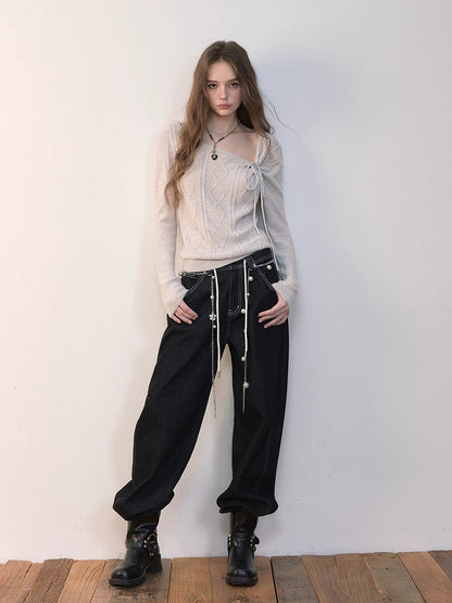 Asymmetrical Tie-Neck Cable Knit Sweater