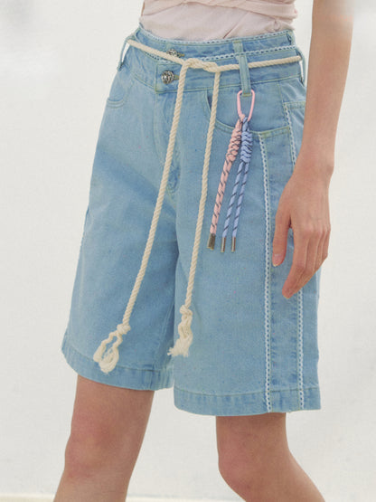 Lace-adorned Polka-dot Denim Capri Pants