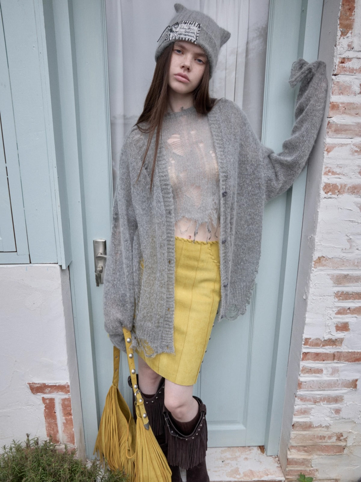 Mohair Star Cutout Slouchy Knit Cardigan