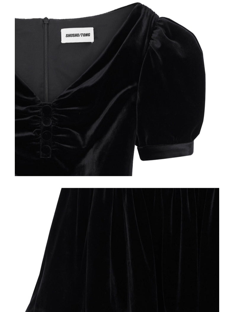 Ruched Puff-Sleeve V-Neck Mini Dress