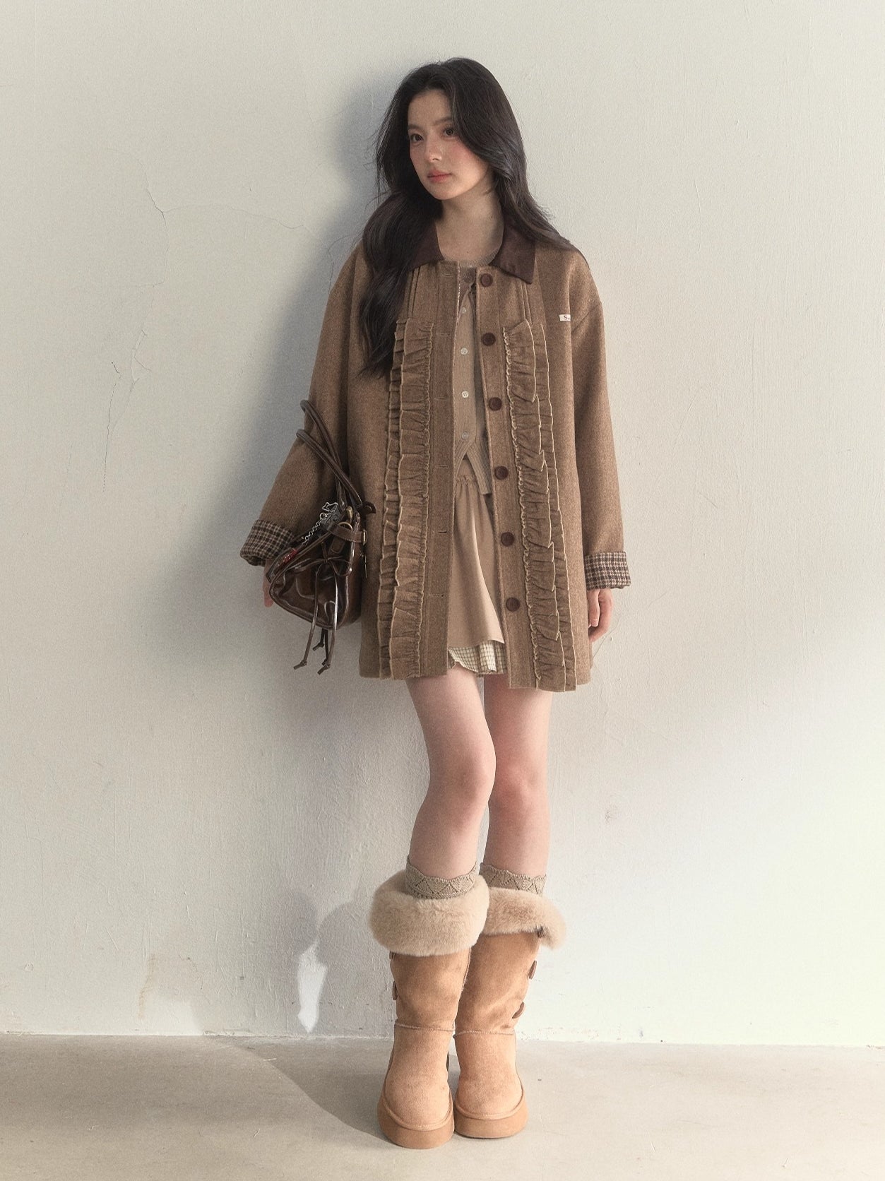 Vintage Khaki Wool Blend Ruffle-Trim Coat