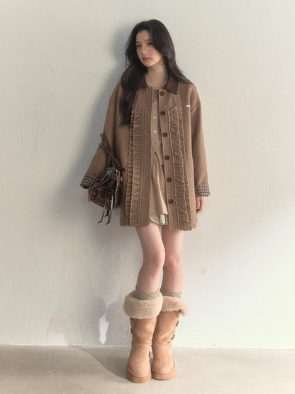 Vintage Khaki Wool Blend Ruffle-Trim Coat