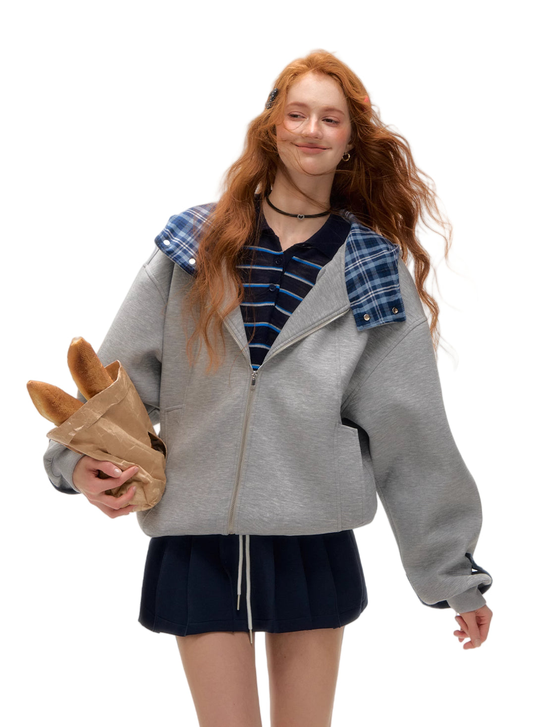 Patchwork Loose Embroidered Zip-Up Hoodie