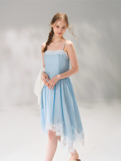 Asymmetric Lace-Trim Slip Midi Dress