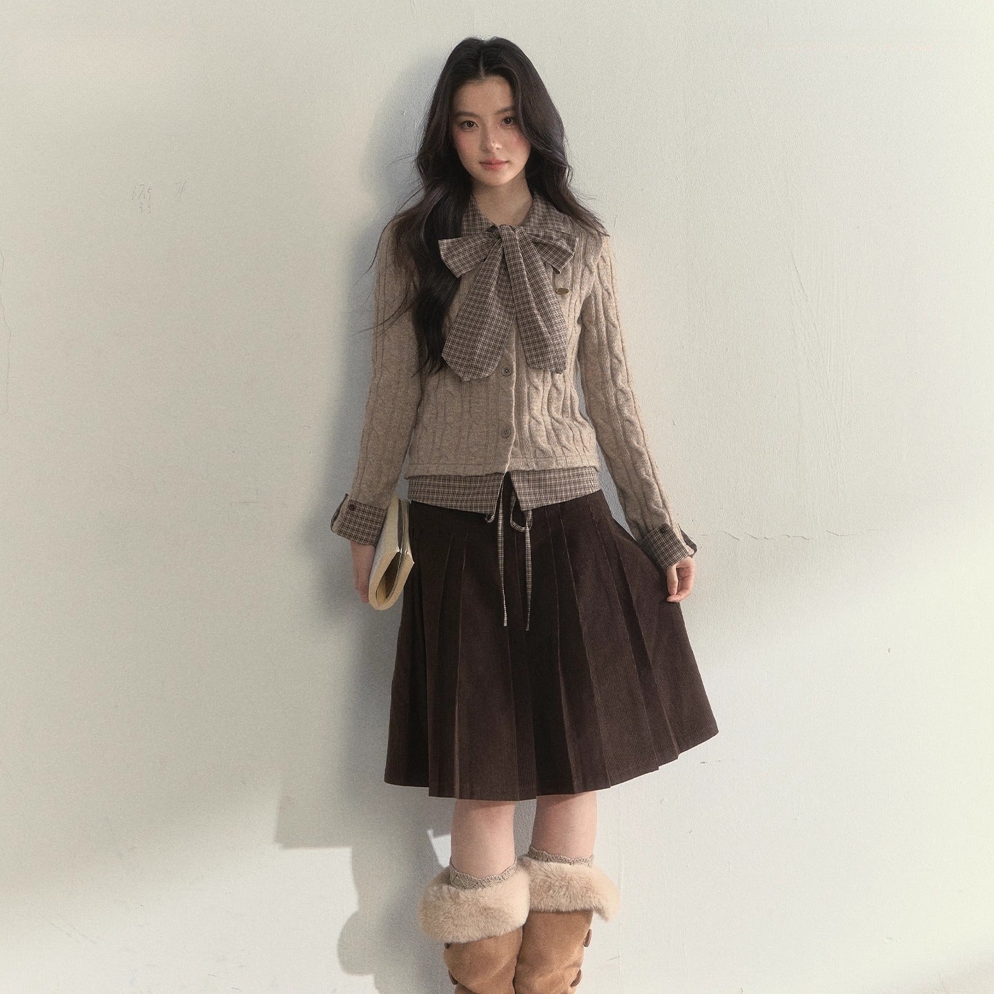 Retro Bow-Tie Preppy Layered Cable Knit Cardigan