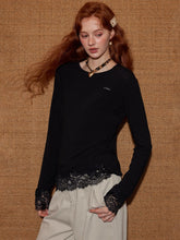 Lace-Paneled Round-Neck Long-Sleeve T-Shirt - CHINASQUAD