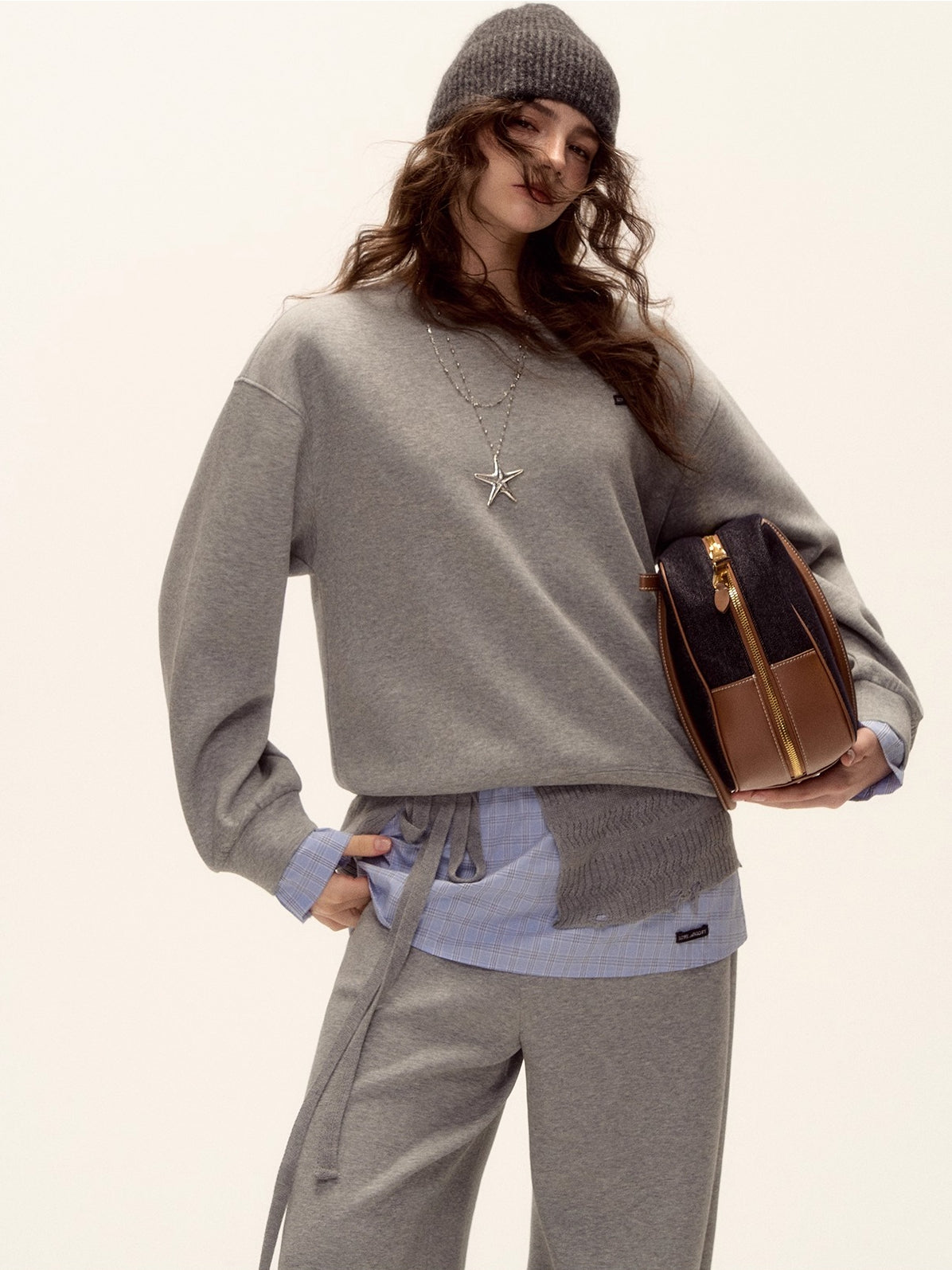 Patchwork Sweatshirt &amp; Curved-Hem Knit Pants Set