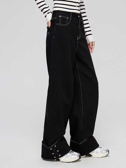 Cuffed Denim Wide-Leg Pants