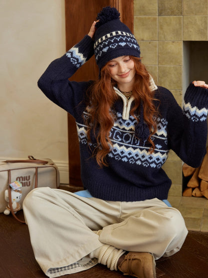Fair Isle Heart Zip-Up Matching Hat Knit Sweater