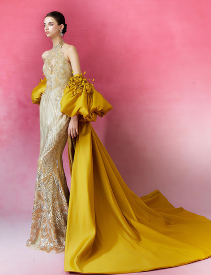 Imperial Gold Embroidered Cape Gown with Sculptural Sleeves