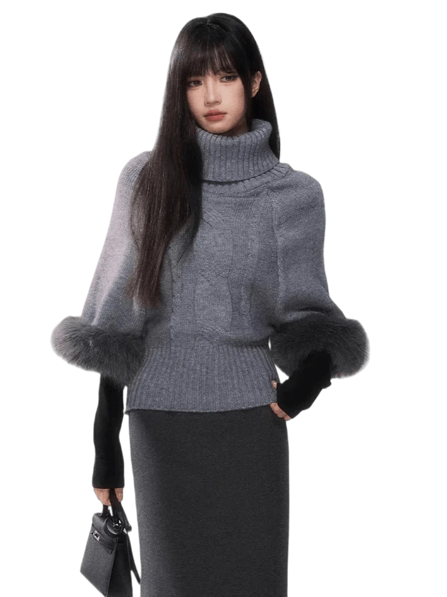 Cable-Knit Turtleneck Cape Sweater
