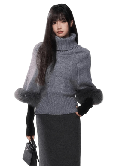 Cable-Knit Turtleneck Cape Sweater
