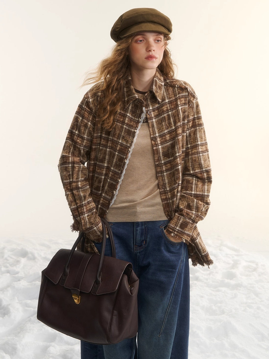 Oversized Lace-Trim Patchwork Plaid Shirt