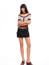 One-Shoulder Halter Neck Color-Block Striped T-shirt - CHINASQUAD