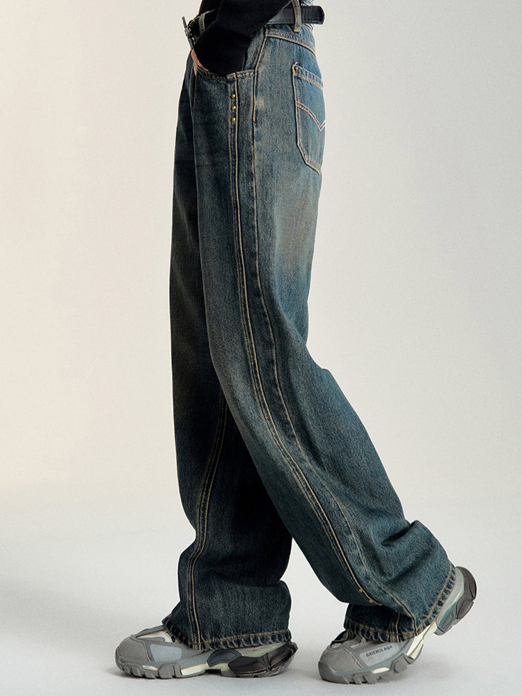 Vintage Blue Wide-leg Distressed Denim Pants