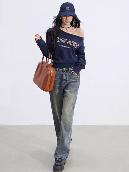 Off-Shoulder Letter-Print Cropped Sweatshirt