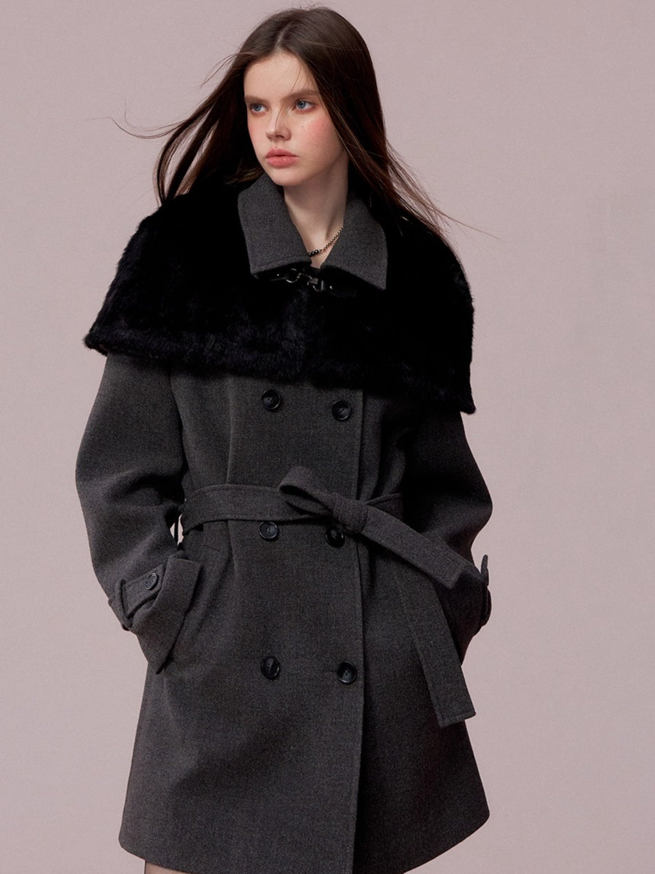 Faux-Fur Cape-Style Wool Coat