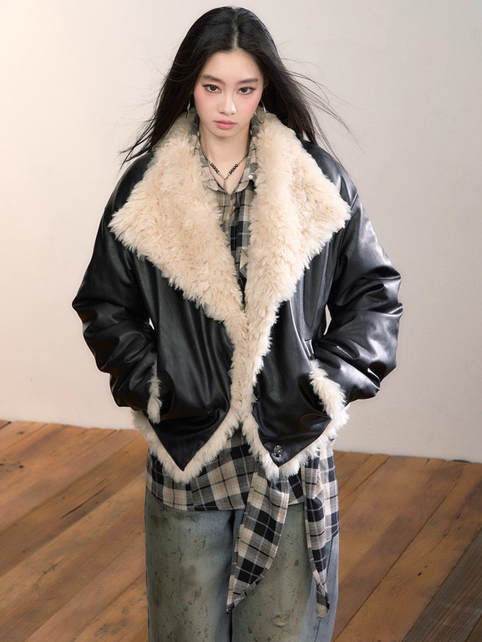 Reversible Faux Fur &amp; PU Leather Jacket
