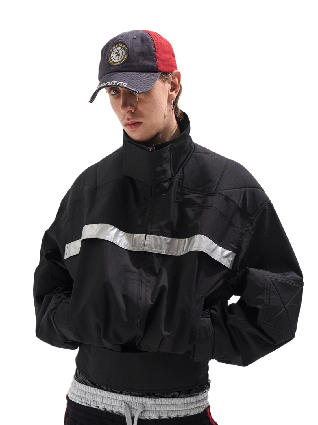 Reflective Trim Stand-Collar Oversized Jacket