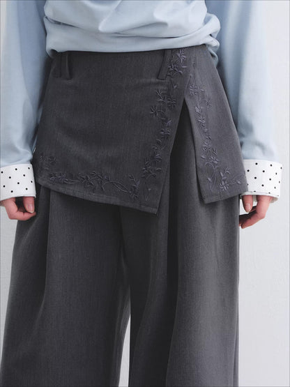 Embroidered Panel Wide-Leg Tailored Trousers