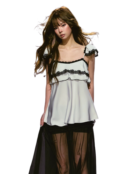 Contrast Lace Satin Off-Shoulder Camisole Top