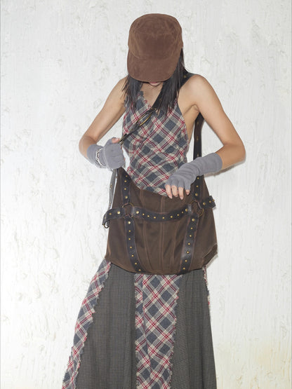 Vintage Studded Wide-Strap Crossbody Bag