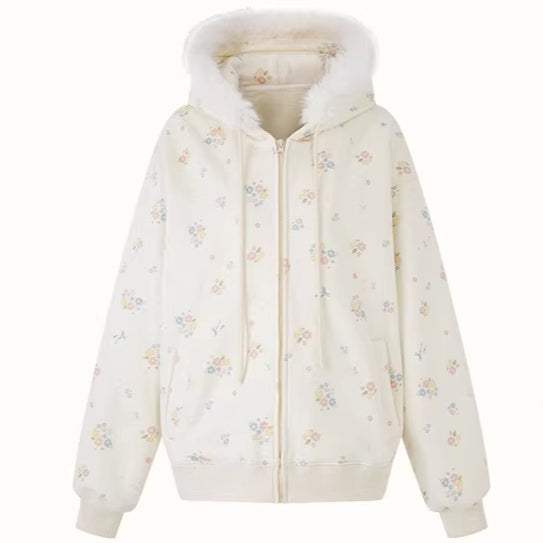 Floral-Trim Hoodie Jacket Set