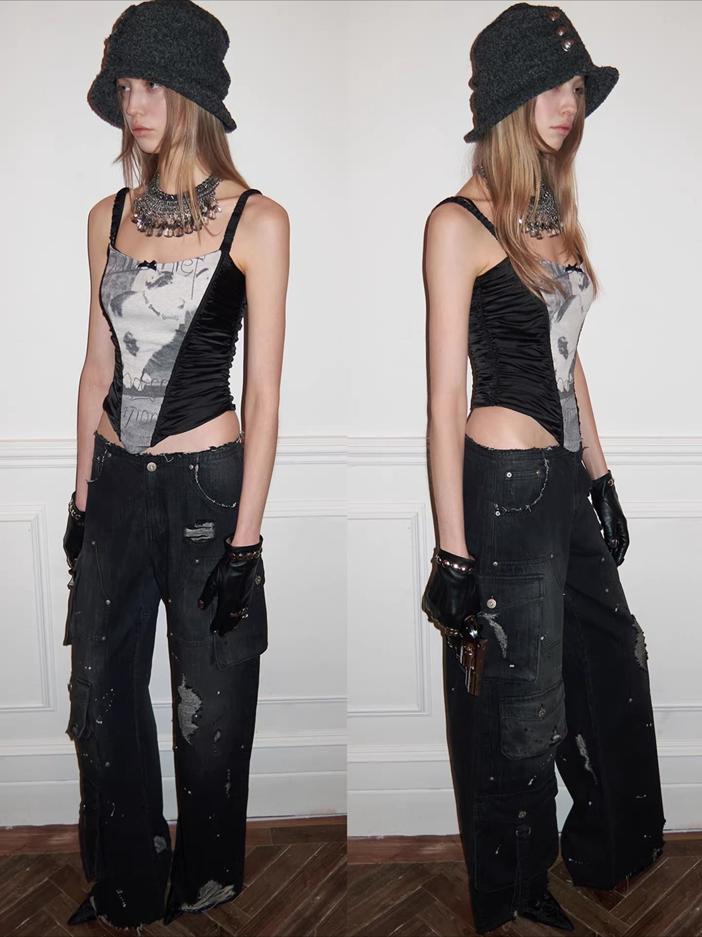 Vintage Multi-Pocket Washed Denim Cargo Pants