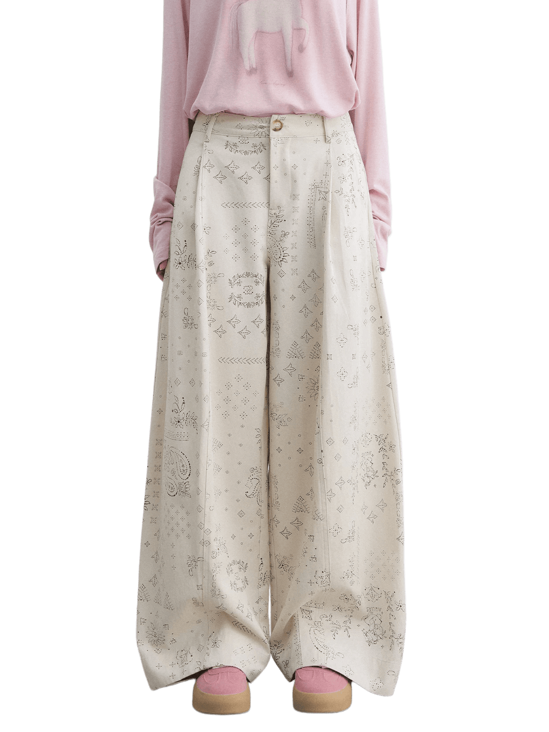 Lyocell Bohemian Print Curved-Leg Wide-Leg Pants