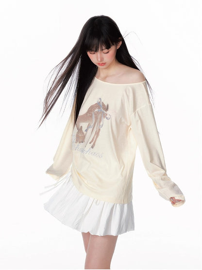 Asymmetric Deer Print Crystal-Embellished T-Shirt