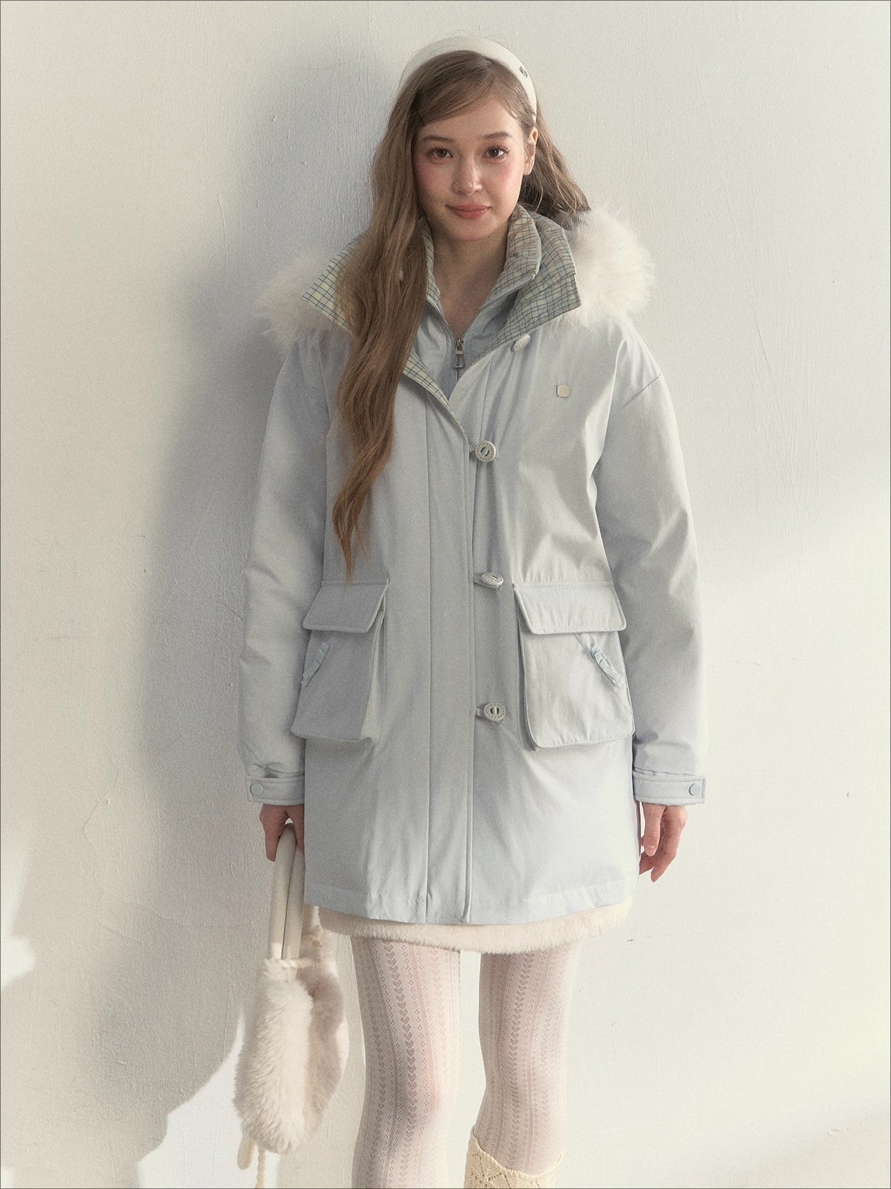 Glacier Blue &amp; Navy Plaid Panel Down Jacket