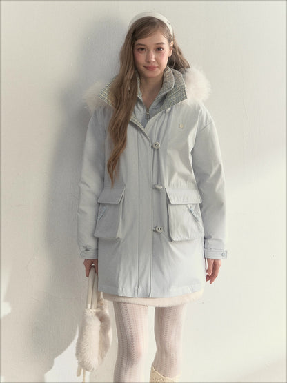 Glacier Blue &amp; Navy Plaid Panel Down Jacket