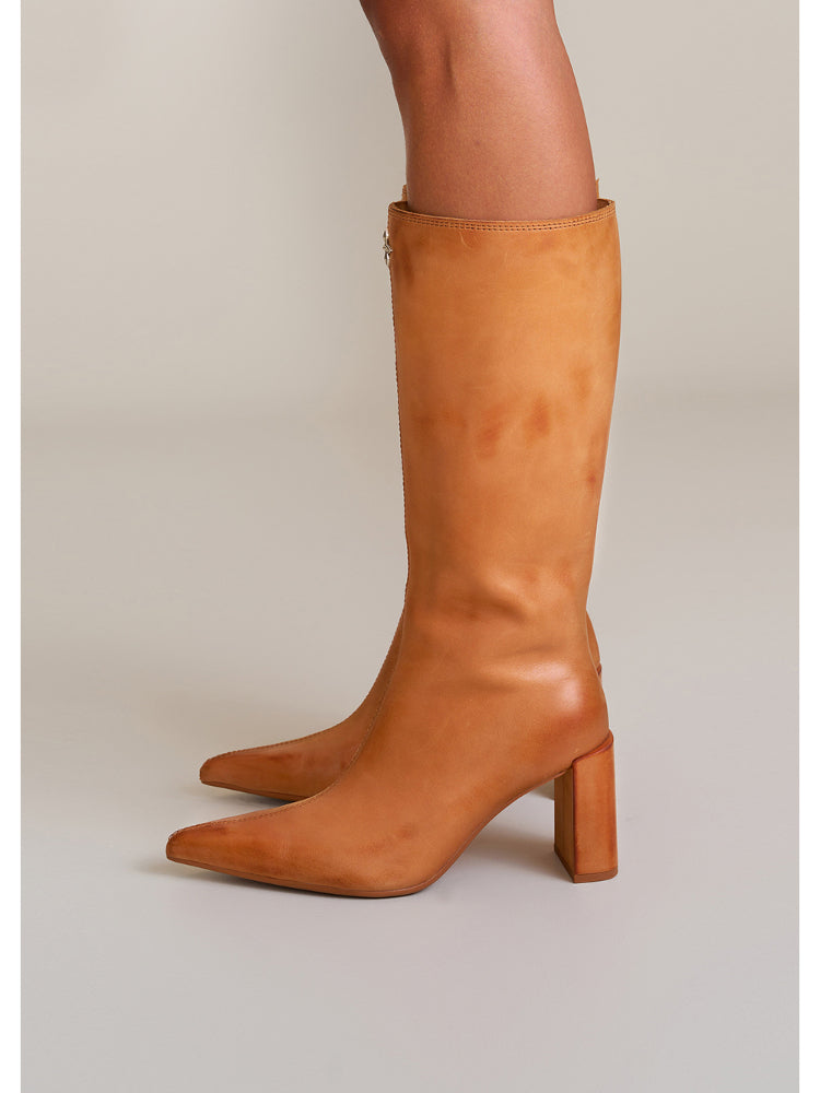 Compass Badge Sword Leather High Heel Boots Patina Wild Horse Brown Patina - CHINASQUAD