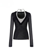 Fake Two-Piece Halter V-Neck Knit Sweater - CHINASQUAD
