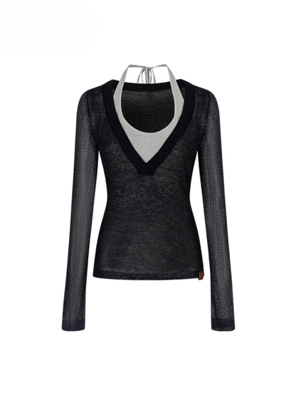 Fake Two-Piece Halter V-Neck Knit Sweater - CHINASQUAD