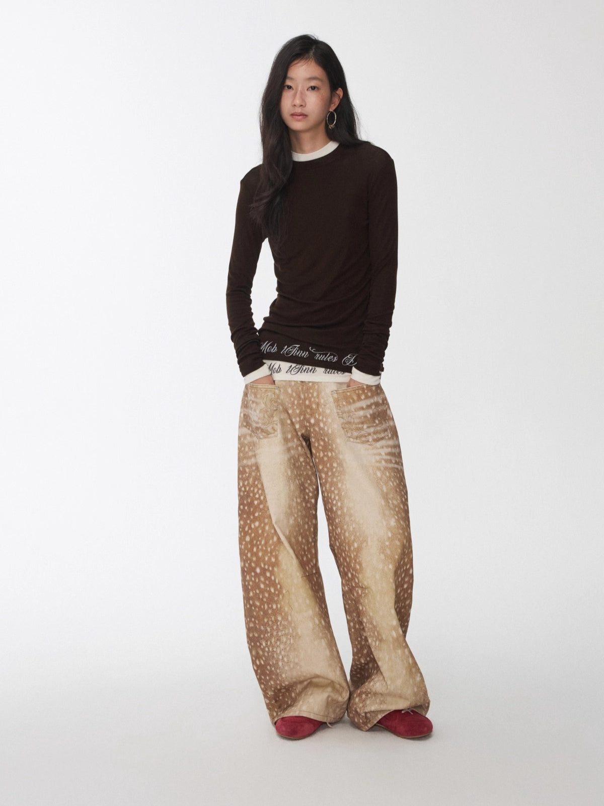 Basic Round-Neck Letter Print Semi-Sheer T-Shirt