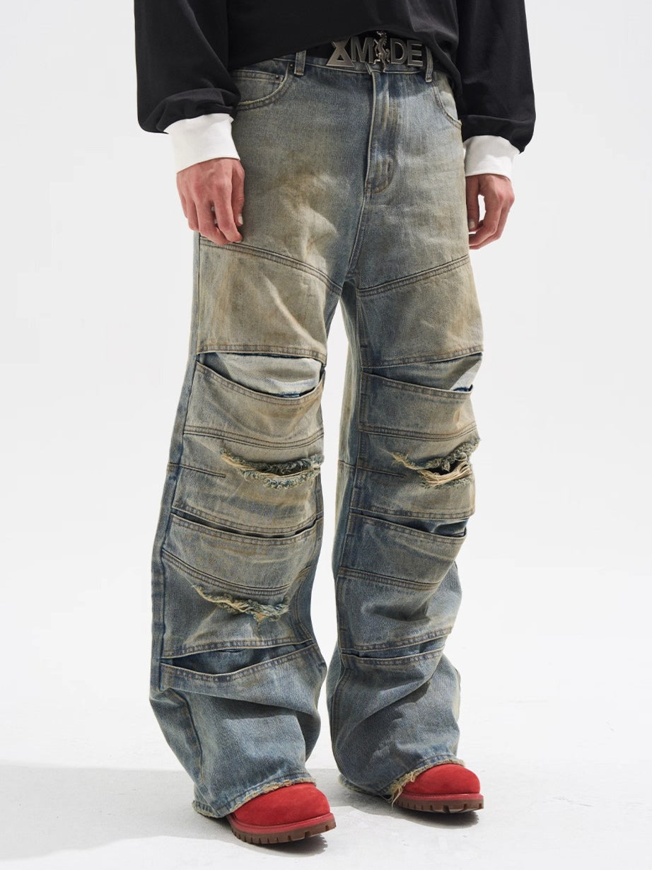 Layered Distressed Washed Loose Fit Denim Jeans