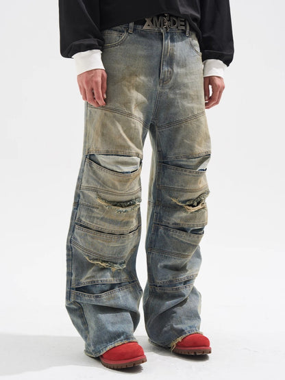 Layered Distressed Washed Loose Fit Denim Jeans