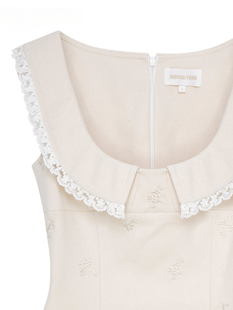 White Embroidered Sleeveless Round Neck Dress