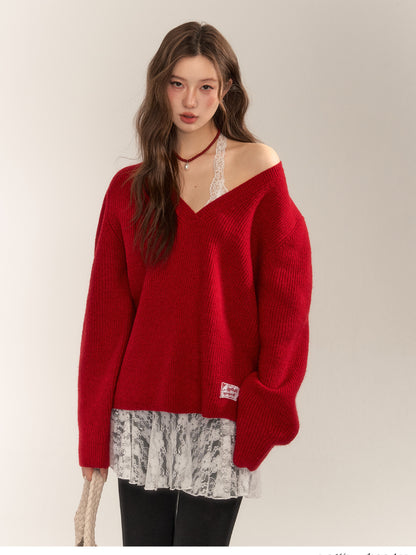 Halter V-Neck Loose Knit Sweater