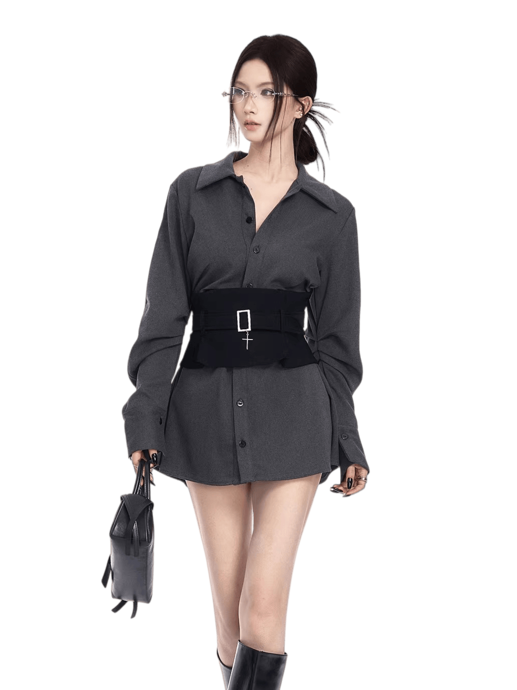 Corset-Waist Shirt Two-Piece Set